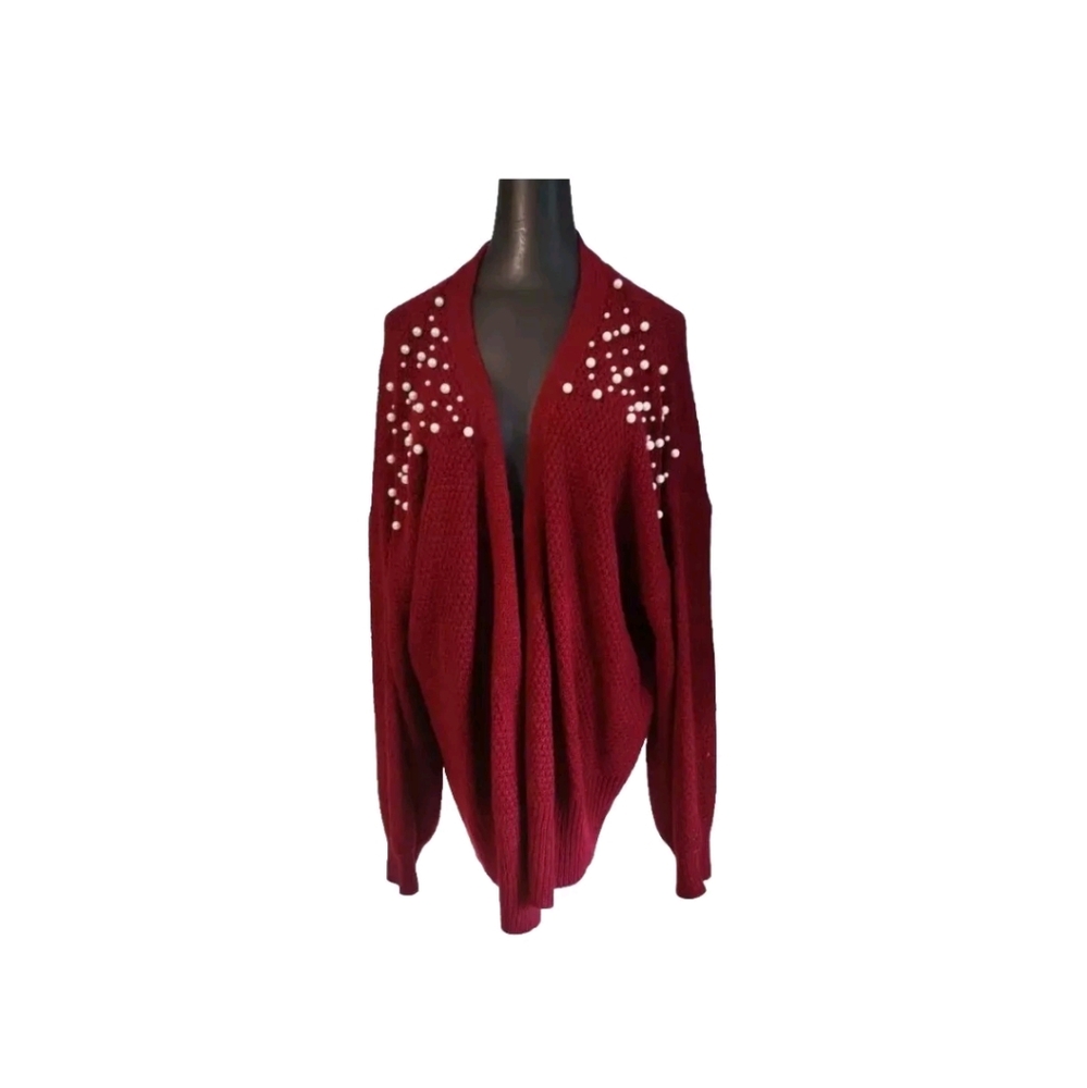 Shein Frenchy Pearls Red Burgundy Womens Sweater Open Front Cardigan Sz 3XL